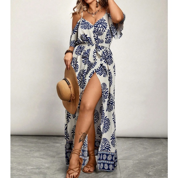 Plus Tropical Leaves Print Cold Shoulder Belted Maxi Dress - Picture 7 of 7
